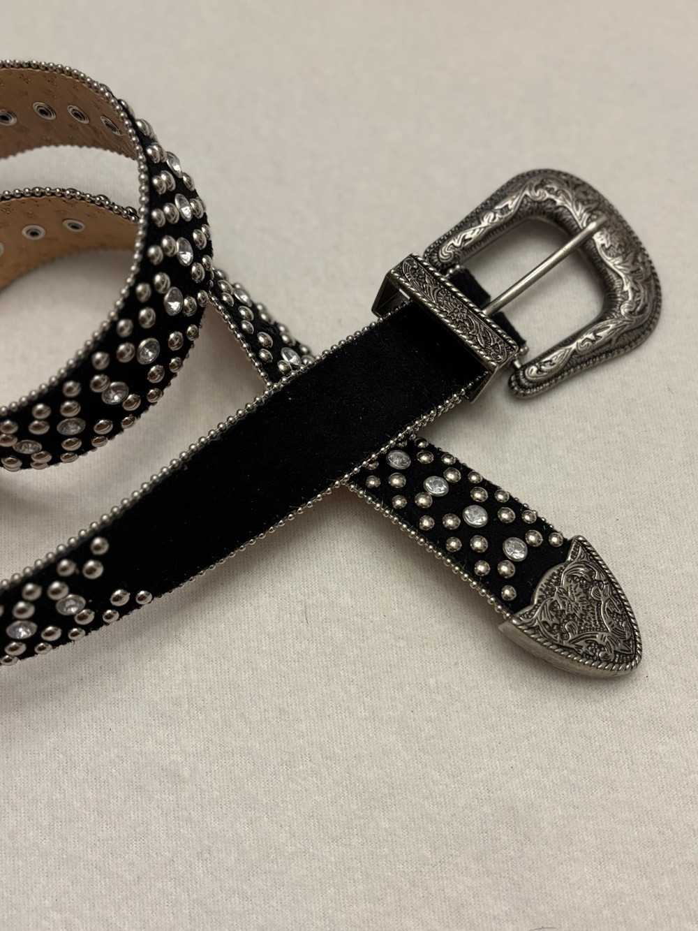 Guess Black Studded Western-Style Belt with Engraved Silver Buckle